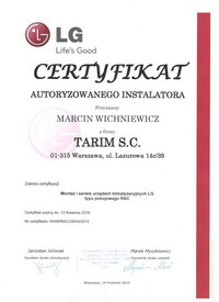 certyfikat autoryzacja klimatyzacja lg tarim
